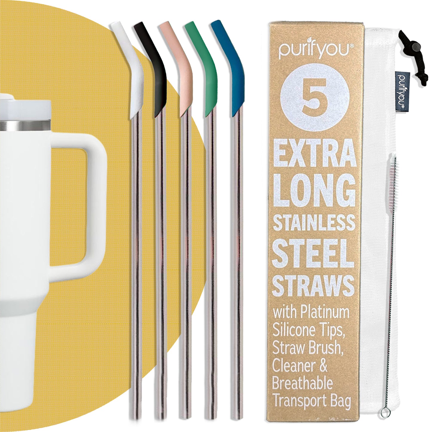 purifyou® 14.5" Reusable Stainless Steel Straws with Silicone Tips – Eco-Friendly, Durable, and Travel-Ready