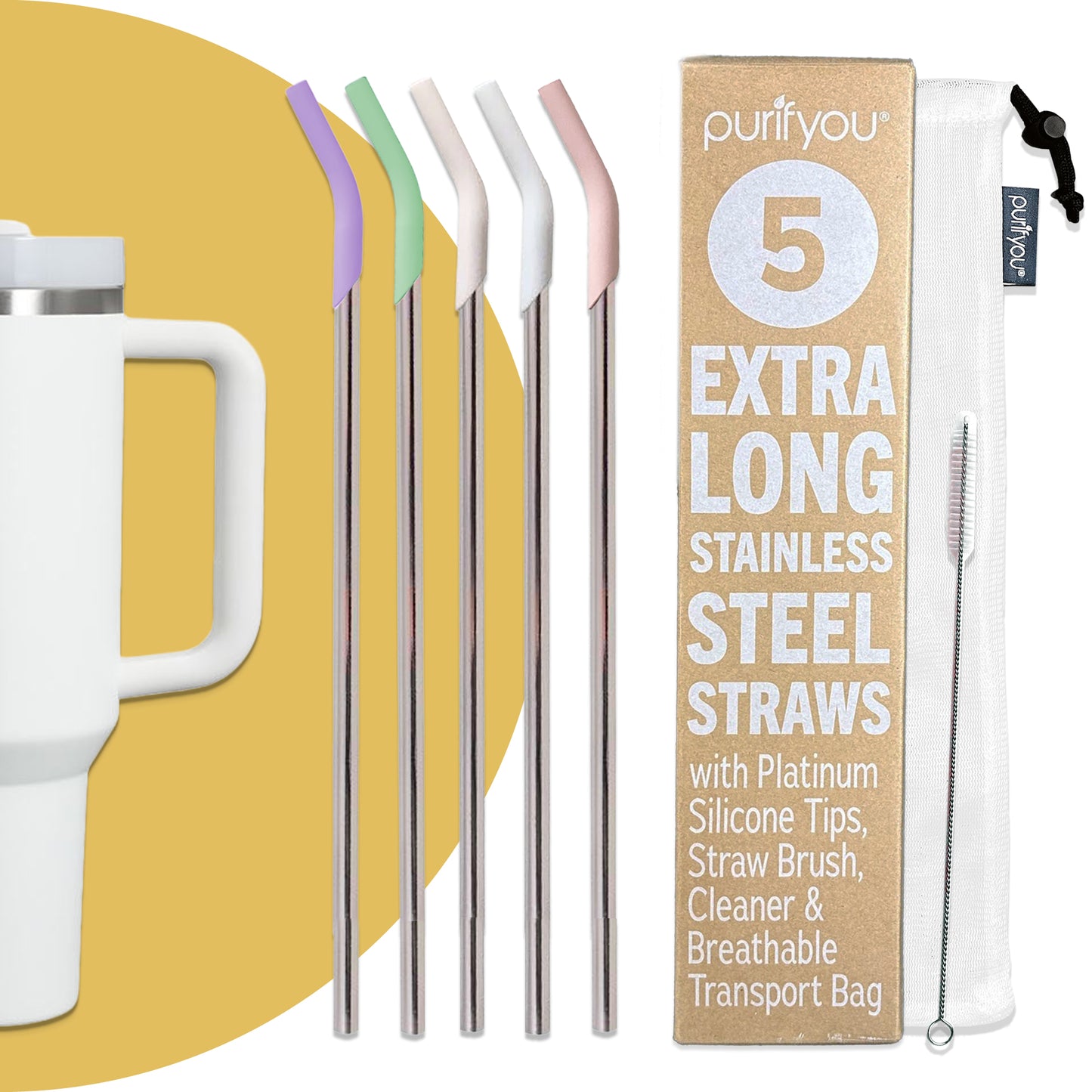purifyou® 14.5" Reusable Stainless Steel Straws with Silicone Tips – Eco-Friendly, Durable, and Travel-Ready