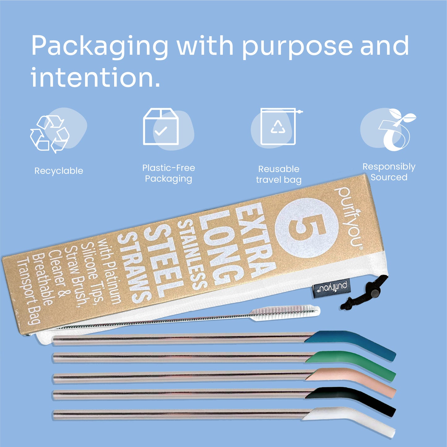 purifyou® 14.5" Reusable Stainless Steel Straws with Silicone Tips – Eco-Friendly, Durable, and Travel-Ready