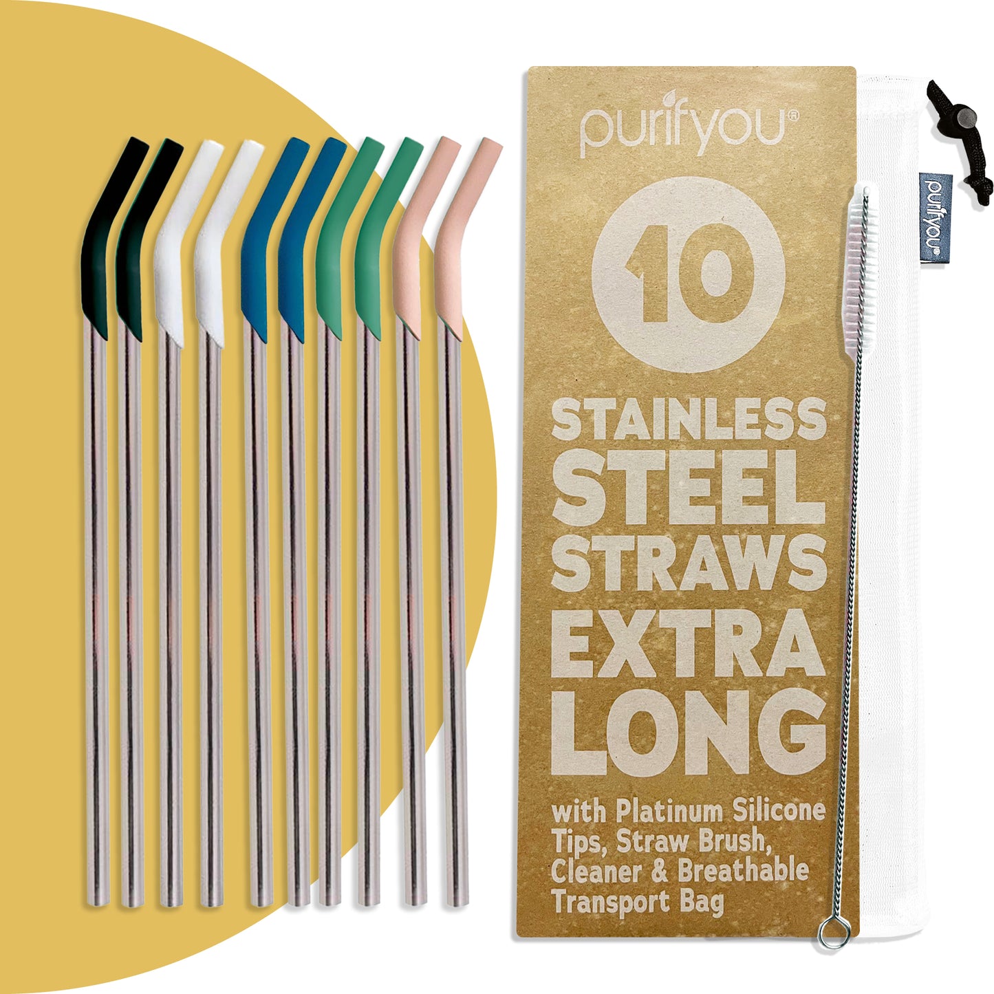 purifyou® 14.5" Reusable Stainless Steel Straws with Silicone Tips – Eco-Friendly, Durable, and Travel-Ready