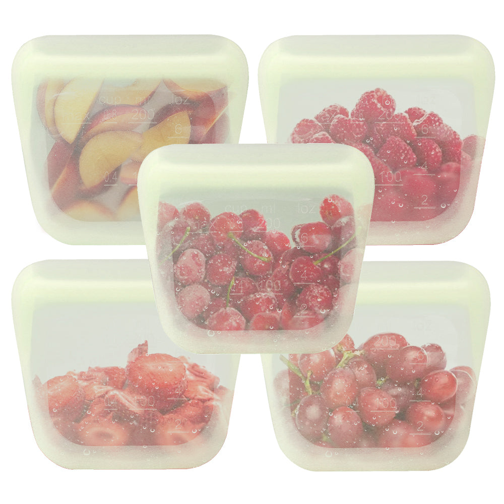 purifyou Set of 5 Reusable Silicone Storage Snack Bags 6oz / 16oz / 32oz / 64oz Self-Seal Food Storage Container for Fruits, Vegetables, Sandwiches, Dishwasher Safe & Leak-free