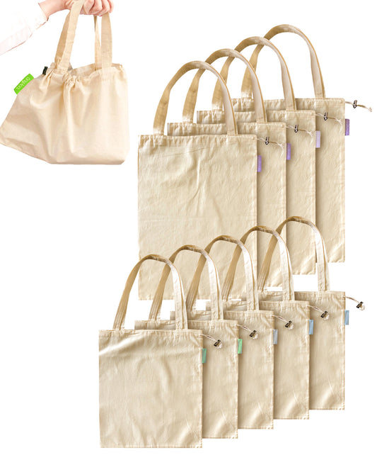 purifyou Set of 9 Mini Tote Bags with Drawstring - Reusable Organic Cotton Canvas Bags for Grocery Shopping Dry Goods Beach Bag, Washable (Large, XL)