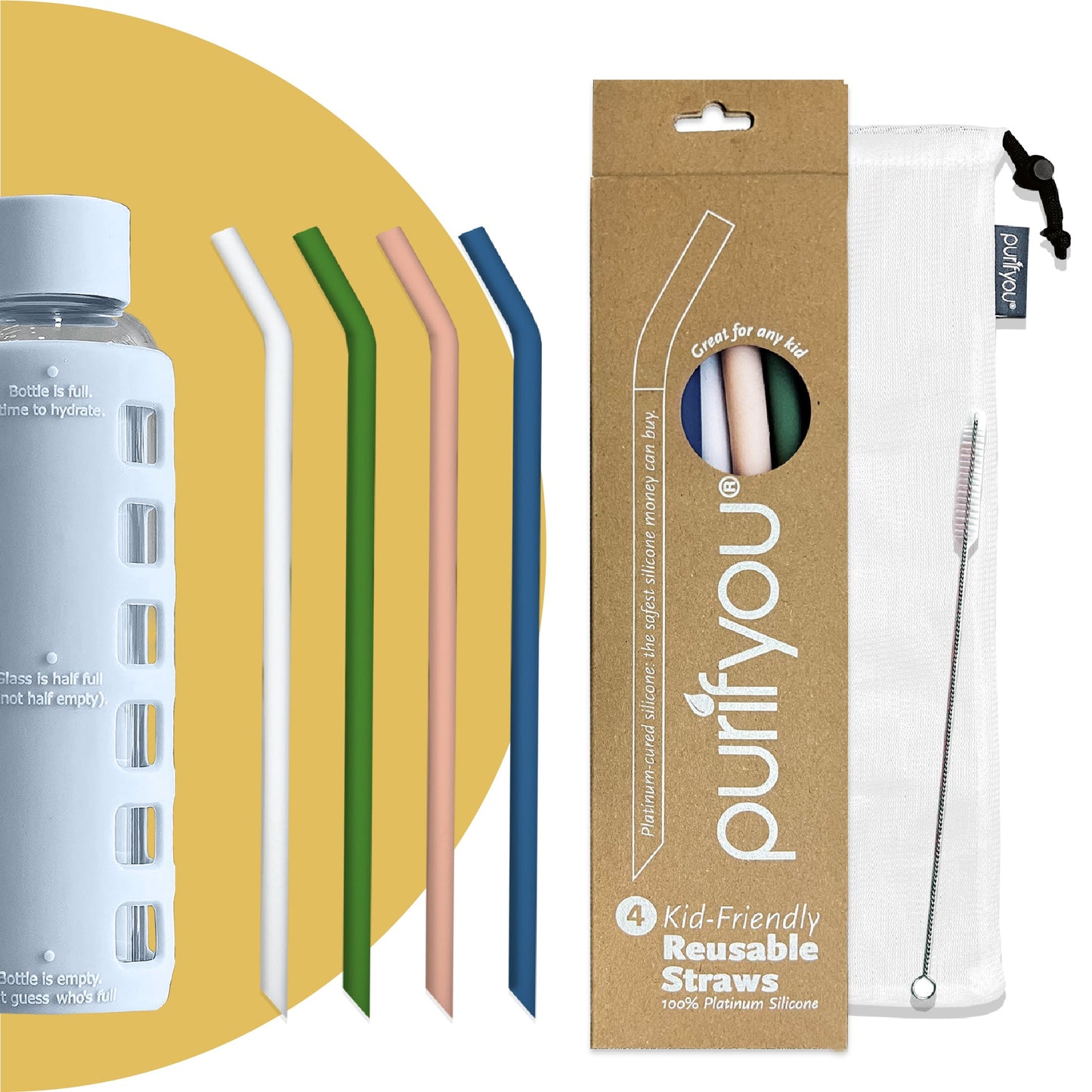 purifyou Reusable Silicone Straws - Long, Slender, & Kids Sizes, Eco-Friendly, BPA-Free, Durable & Flexible