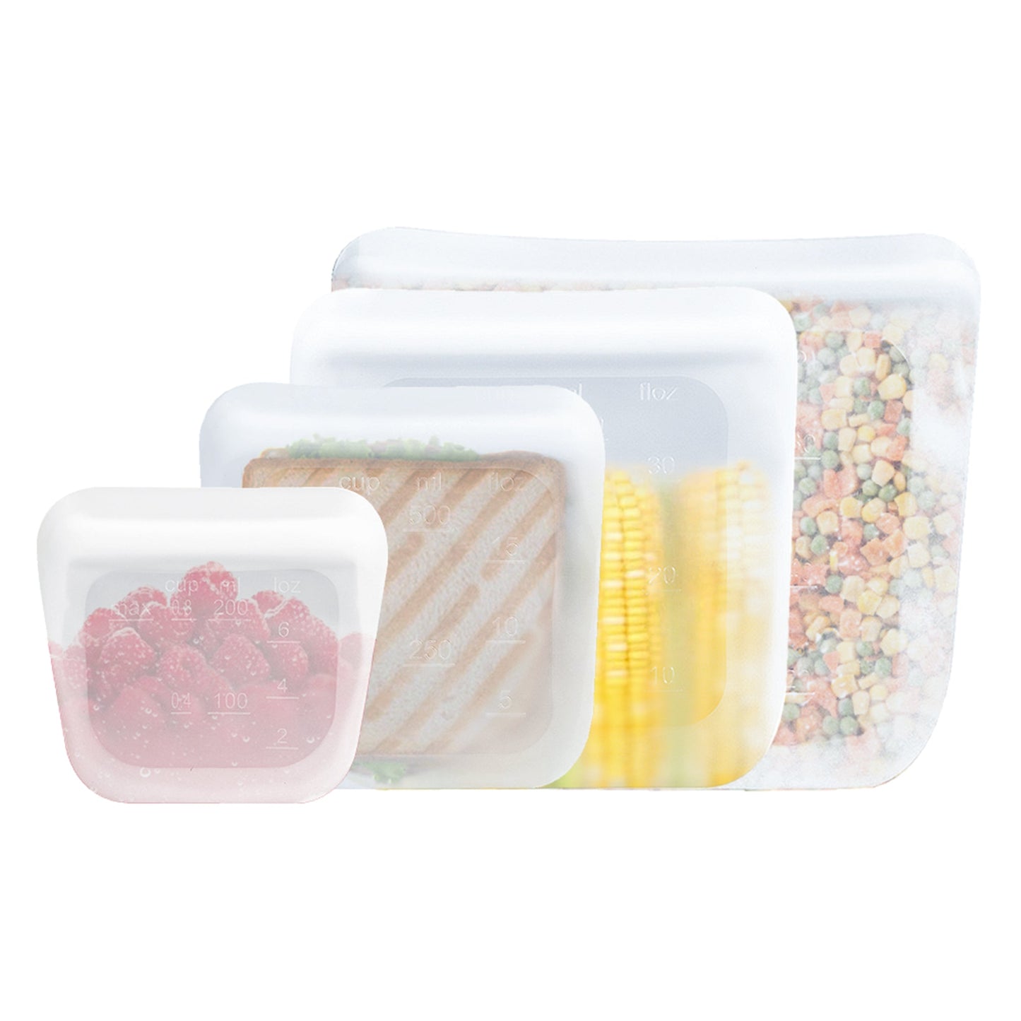 purifyou Reusable Silicone Storage Snack Bags 6oz / 16oz / 32oz / 64oz Self-Seal Food Storage Container for Fruits, Vegetables, Sandwiches, Dishwasher Safe & Leak-free