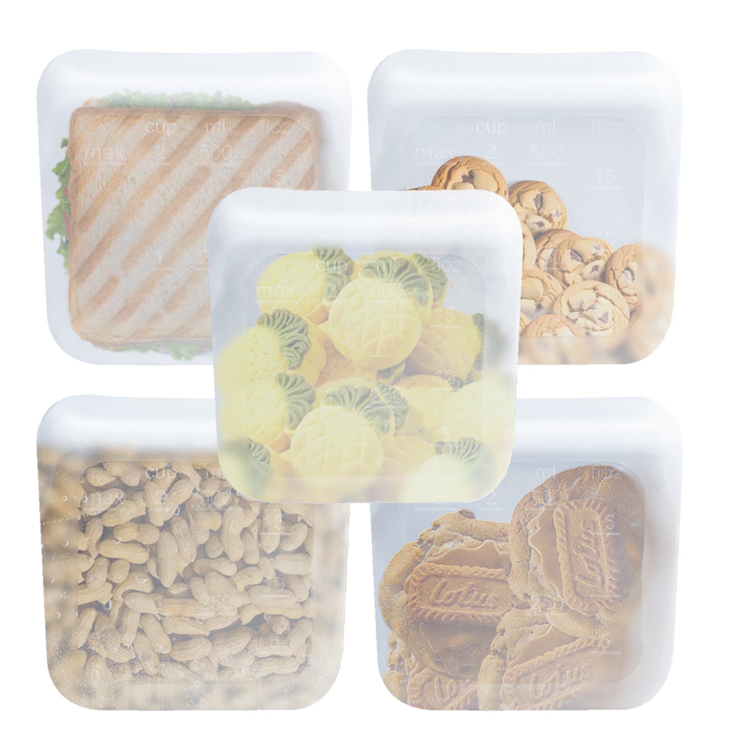 purifyou Reusable Silicone Storage Snack Bags 6oz / 16oz / 32oz / 64oz Self-Seal Food Storage Container for Fruits, Vegetables, Sandwiches, Dishwasher Safe & Leak-free