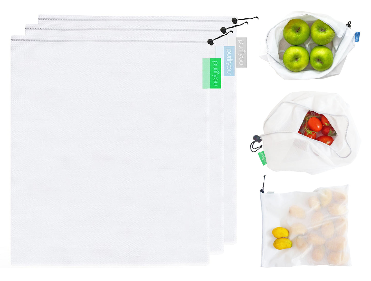 purifyou Reusable Mesh Bags - Market Bag for Fresh Produce, Groceries, Storage & Gifts (sold per set)