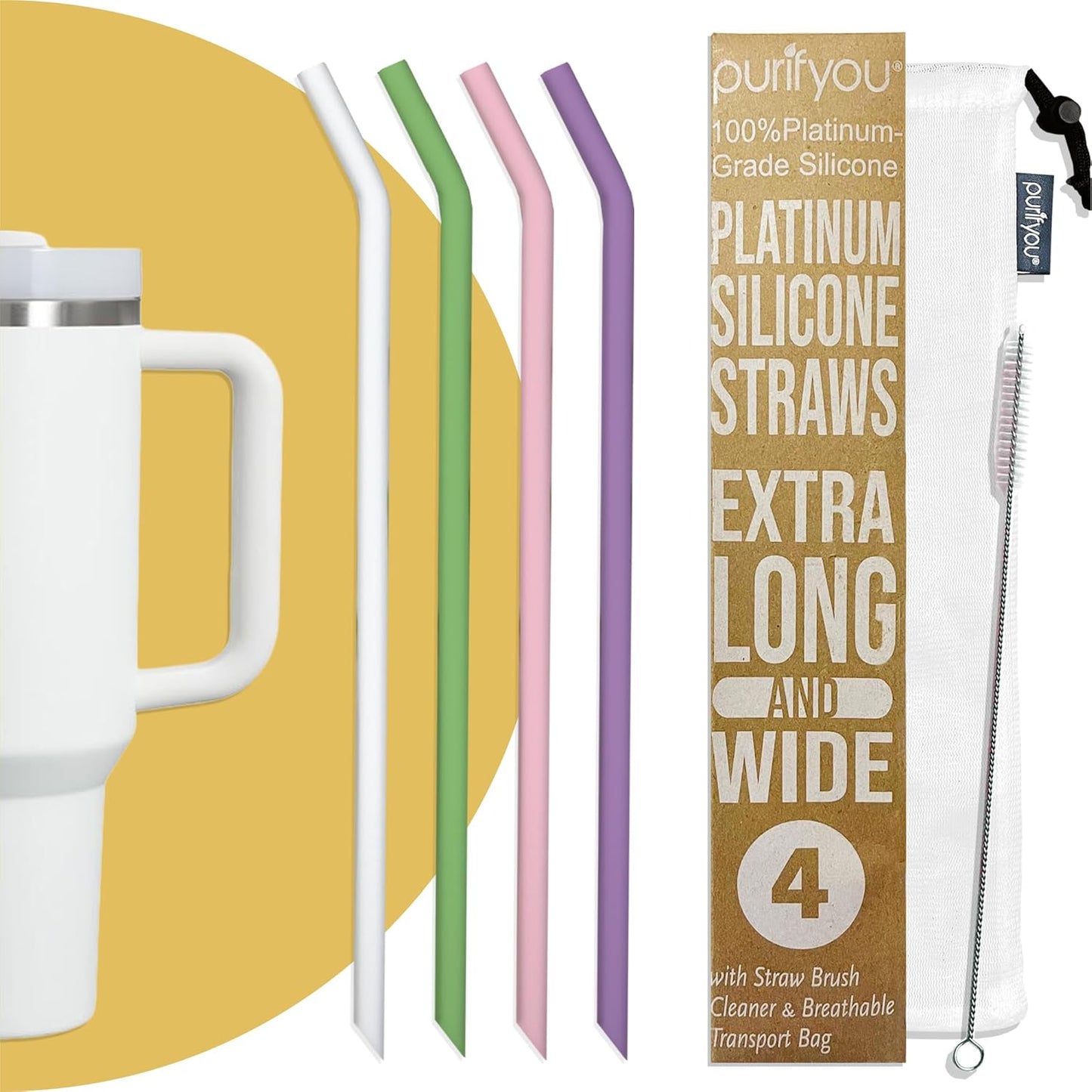 purifyou Reusable Silicone Straws - Long, Slender, & Kids Sizes, Eco-Friendly, BPA-Free, Durable & Flexible