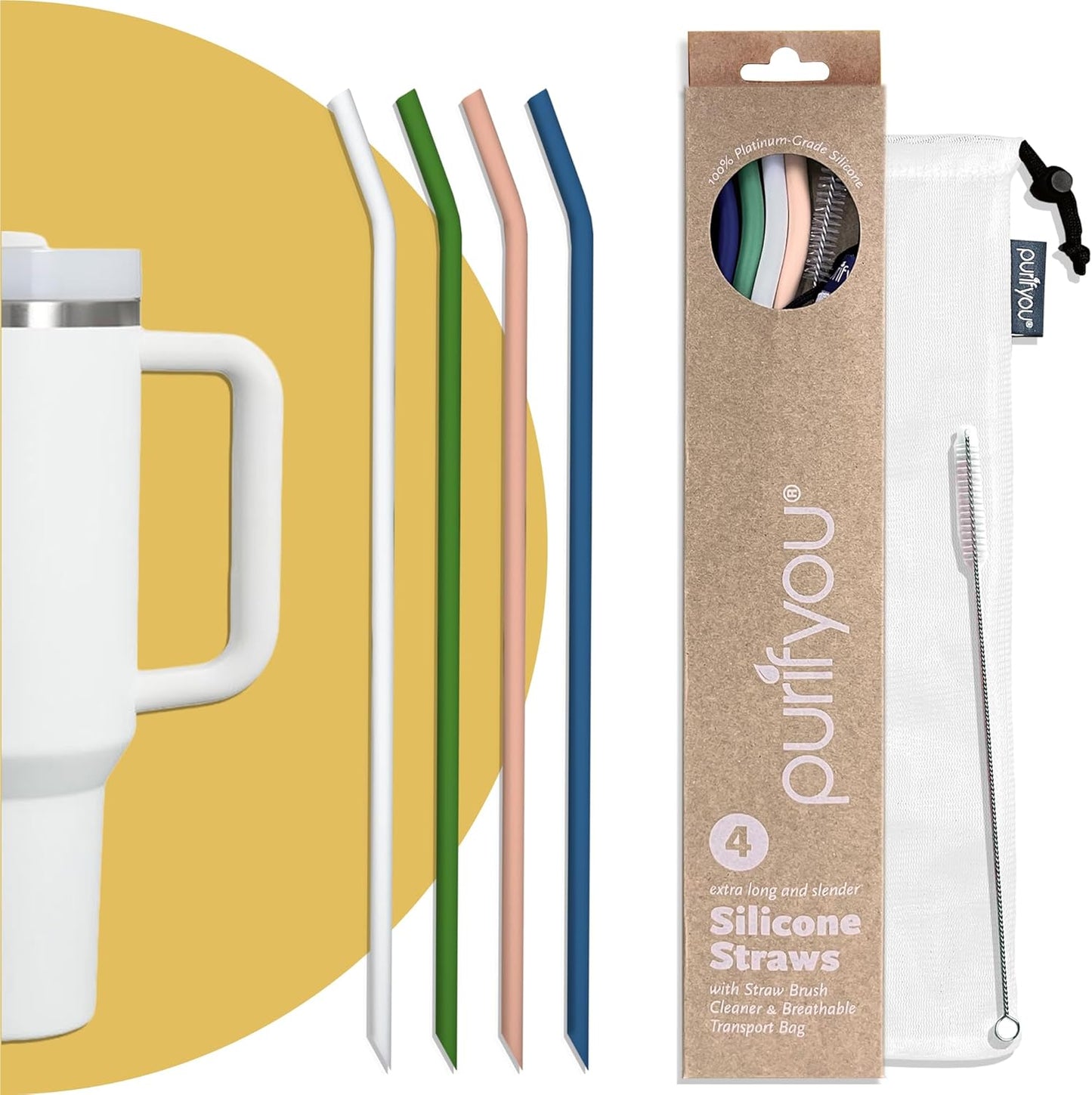 purifyou Reusable Silicone Straws - Long, Slender, & Kids Sizes, Eco-Friendly, BPA-Free, Durable & Flexible