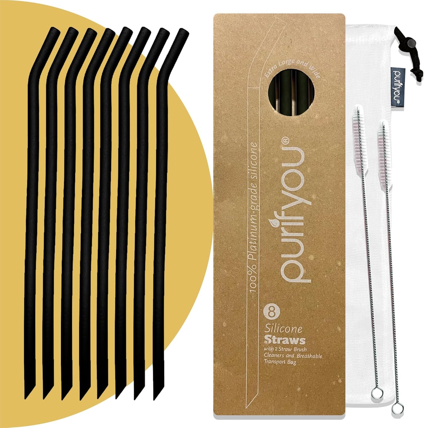 purifyou Reusable Silicone Straws - Long, Slender, & Kids Sizes, Eco-Friendly, BPA-Free, Durable & Flexible