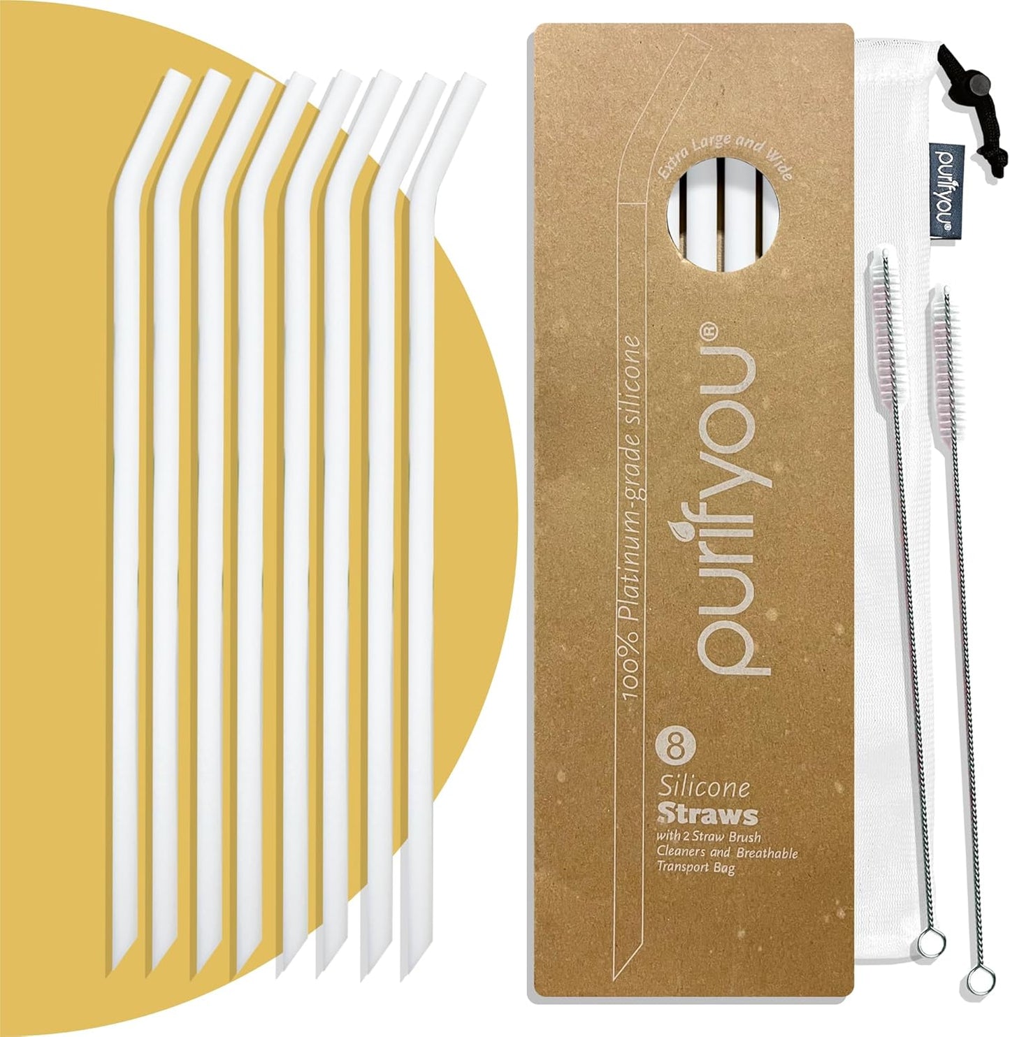 purifyou Reusable Silicone Straws - Long, Slender, & Kids Sizes, Eco-Friendly, BPA-Free, Durable & Flexible