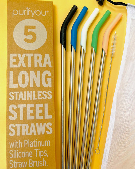 purifyou 14.5" Reusable Stainless Steel Straws with Silicone Tips – Eco-Friendly, Durable, and Travel-Ready